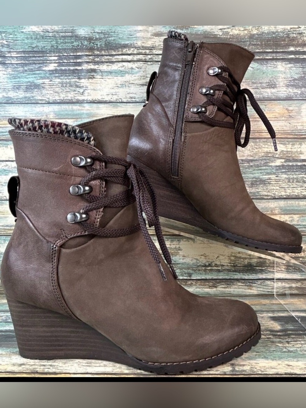 Cobb Hill Ankle Boots Womens Size 6.5M Brown Leather Wedge Heel Round Toe Zip Up